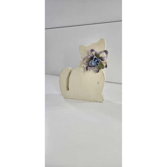 Vtg Wood Primitive Country Kitty Cat Floral Bow Farmhouse Shabby Chic Cottage - Picture 12 of 12